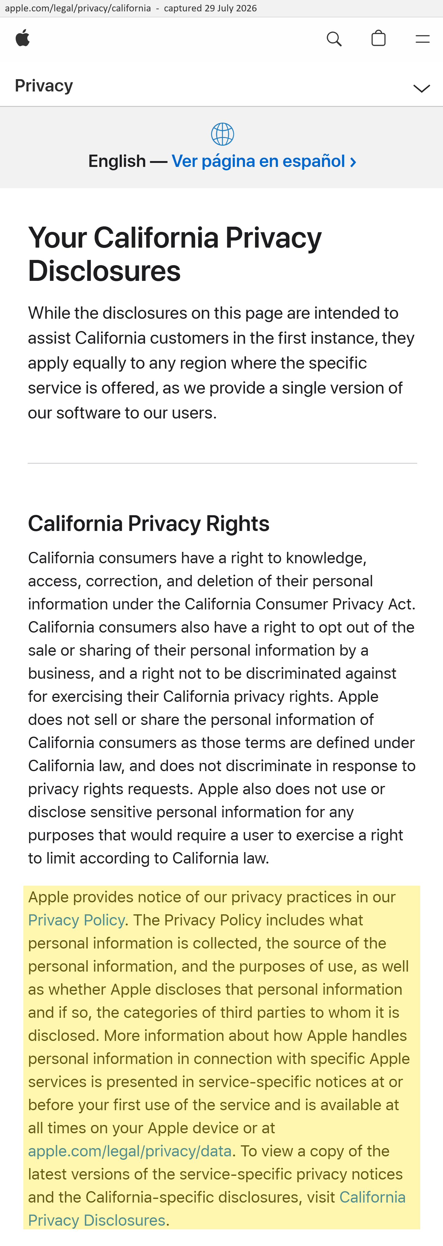 Apple, Your California Privacy Disclosures, captured 29 July 2026