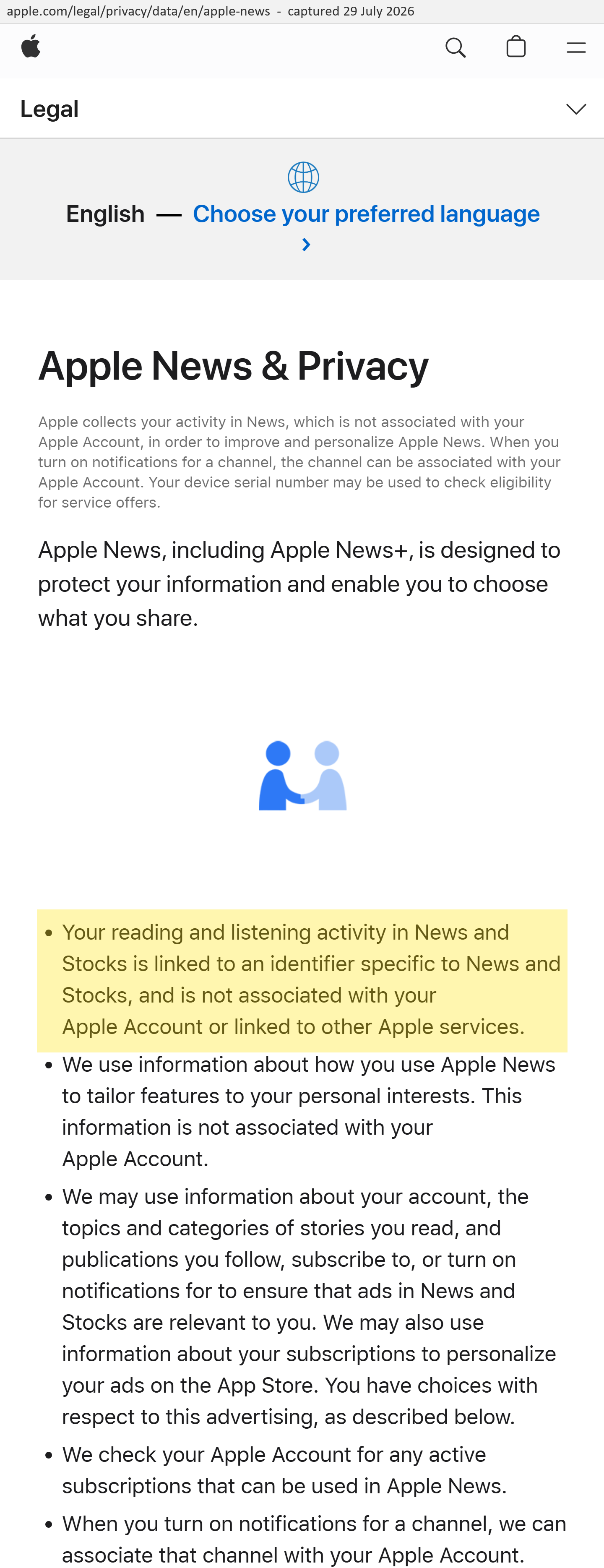 Apple News and Privacy, captured 29 July 2026